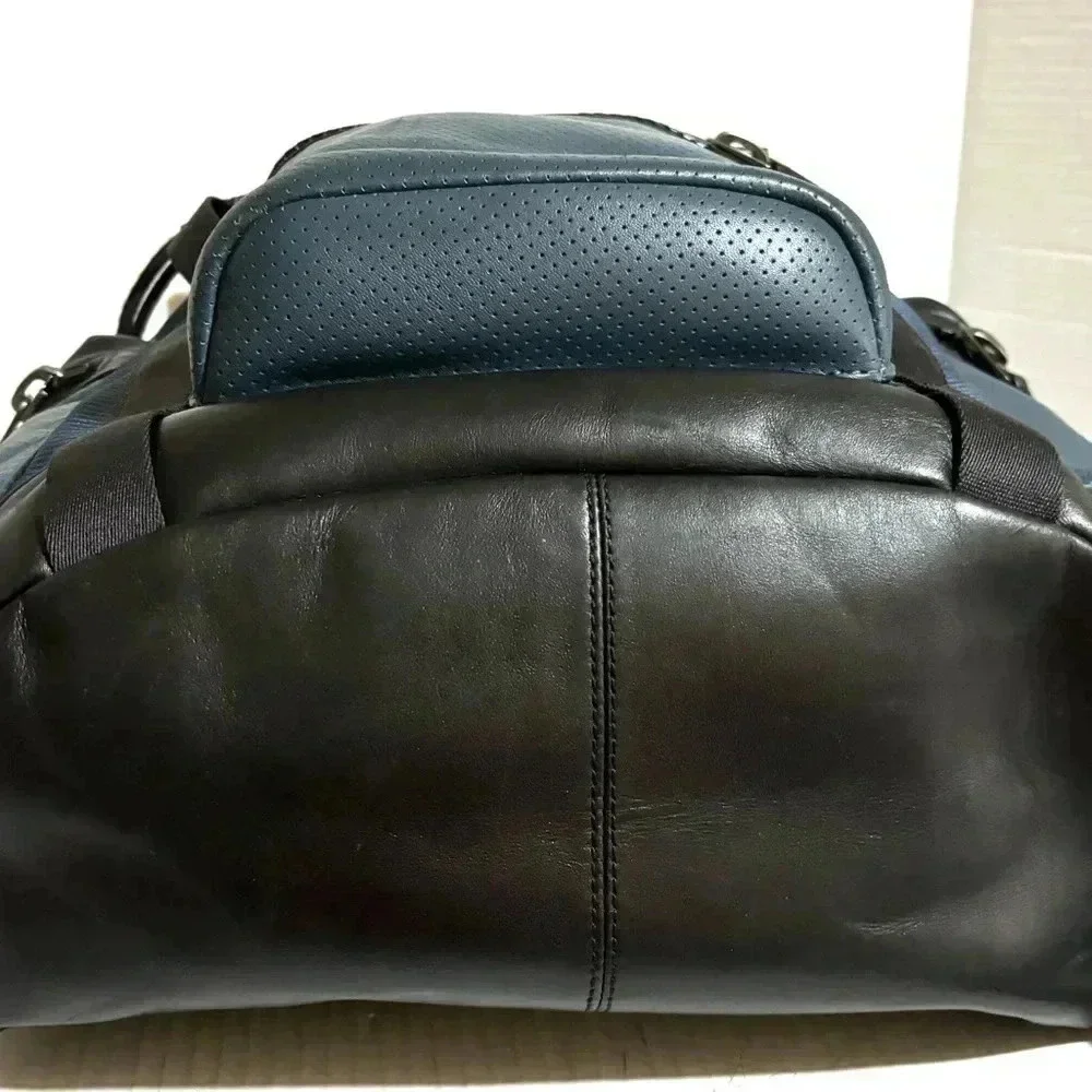 Coach unisex navy blue black leather nylon backpack